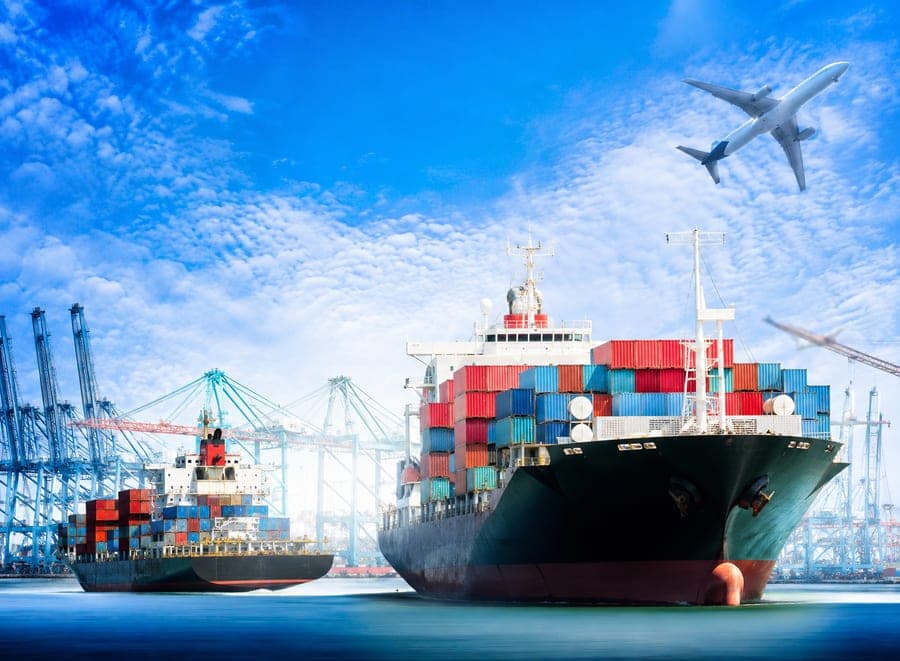 Container ship underway with cargo secured for ocean transit